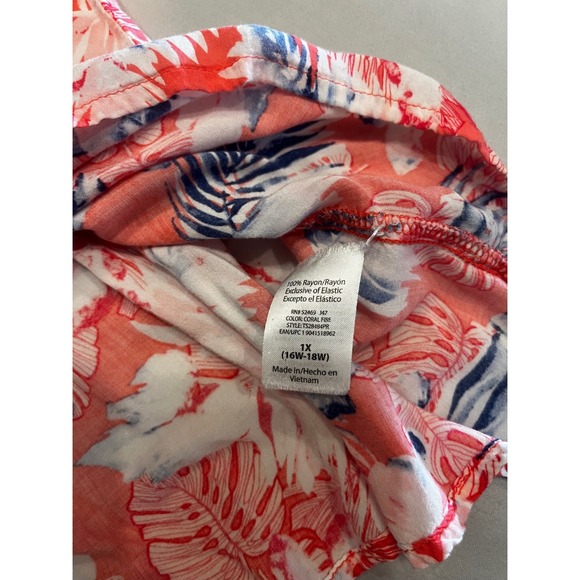 Terra & Sky Floral Print Blouse Top 1X Coral Red Navy White Womens - Picture 4 of 5